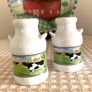 Vintage Holstein Cow Ceramic Milk Can Salt and Pepper Shakers Set, Original ArtMark