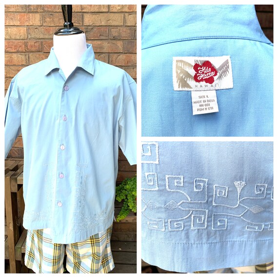 Hilo Hattie Blue Embroidered Men's Shirt, Size L