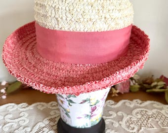 Vintage Pink and White Straw Hat, a Christine Original from NY, 1950s