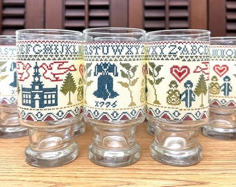 Vintage Cross Stitch Sampler Pedestal Glasses from Anchor Hocking, 1976