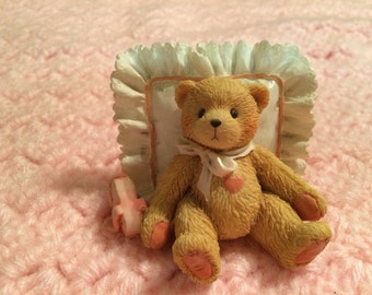 Vintage Cherished Teddies Mandy and Hand Crocheted Pink Baby Blanket