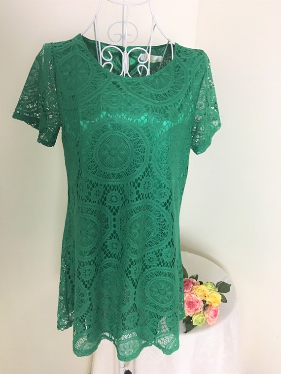 Vintage Green Lace Mini Dress/Tunic, Size L, 1970s - image 2