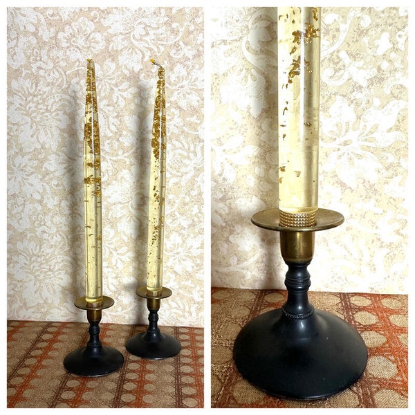 MCM Lucite 12" Candlesticks with Gold Flecks and Sondra of California Candle Holders