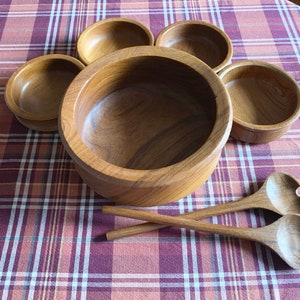 Vintage Teak Wood Bowls and Server Spoon and Fork, 1970s