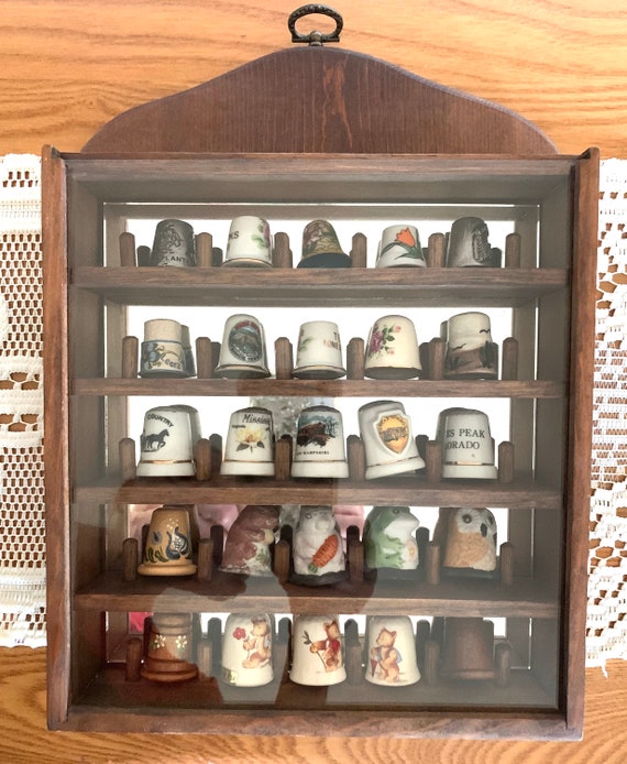 Thimble Collection with Display Rack Lot of 18 Porcelain Wood