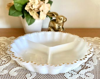 Vintage Anchor Hocking Milk Glass Round Divided Serving Plate, 1950s