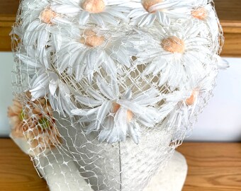 Vintage Daisy Pillbox Hat with Netting, 1950s