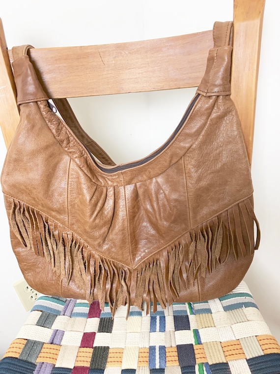 Large Brown Leather Fringe Crossbody Purse Gem
