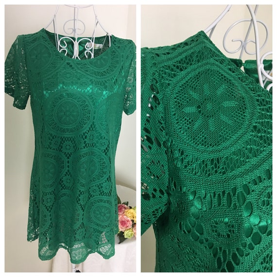 Vintage Green Lace Mini Dress/Tunic, Size L, 1970s - image 1