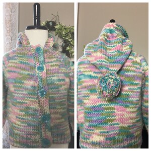 Hand Knit Pastel Hooded Girl&#39;s Sweater, Size 2-3