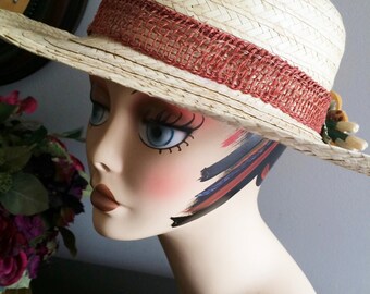 Vintage Wide Brim Straw Hat with Carved Wooden Flowers