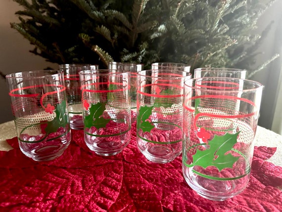 Vintage Holly Berry Dot Pattern Christmas Glasses, Set of 8