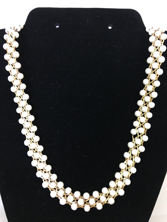 White Bead Braided Woven Gold Chain, 1960s