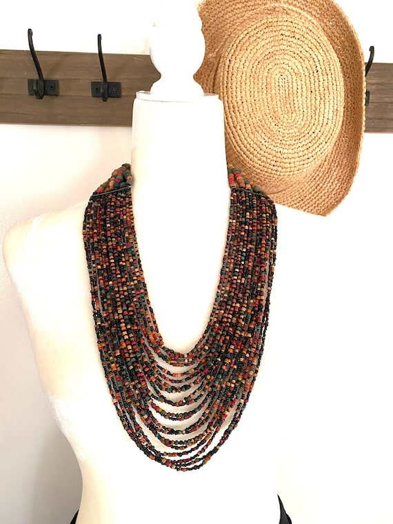 Vintage Wood and Seed Bead Multi-Strand Necklace, 
