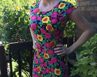 1980s Bright Floral Dress, Windsong of California, Size S/M