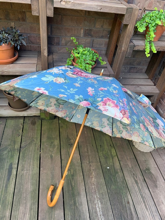 Vintage Large Blue Floral Umbrella