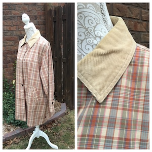 May include: A long-sleeved plaid jacket with a corduroy collar. The jacket is in shades of brown, pink, and blue.