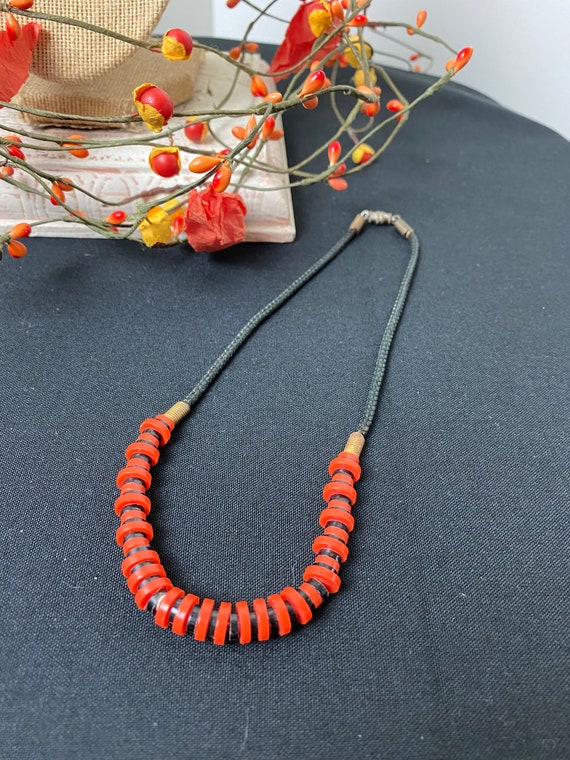 Vintage Boho Orange and Black Bead Necklace, 17" - image 6