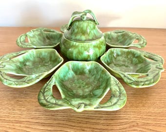 Vintage Enchanto CA Pottery, Shades of Green Glazed Ceramics Serving Set, 1970s