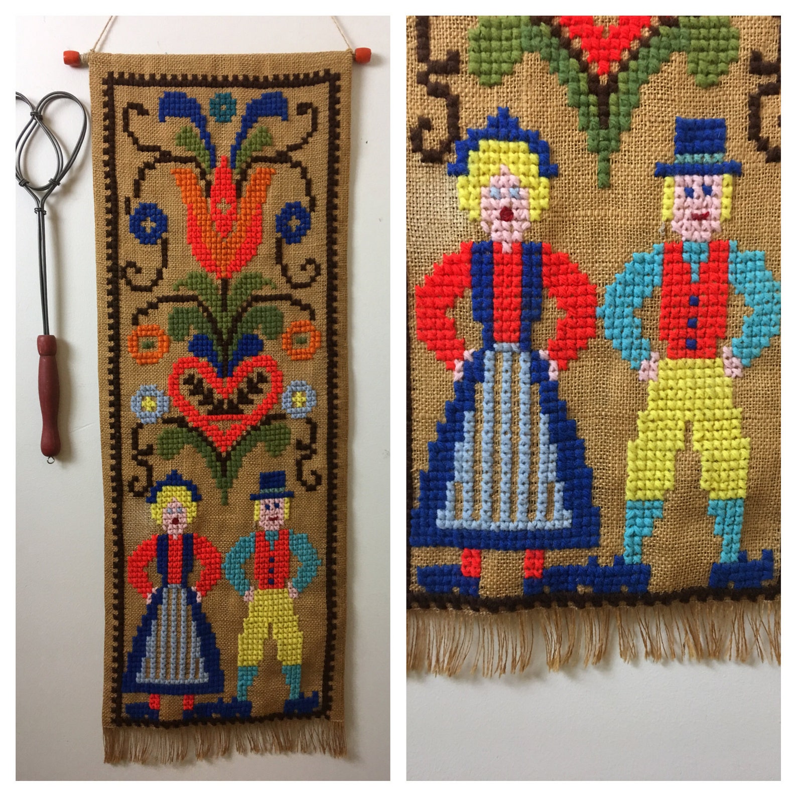 Crewel Cross Stitch Folk Art Banner 30 X 12 Etsy