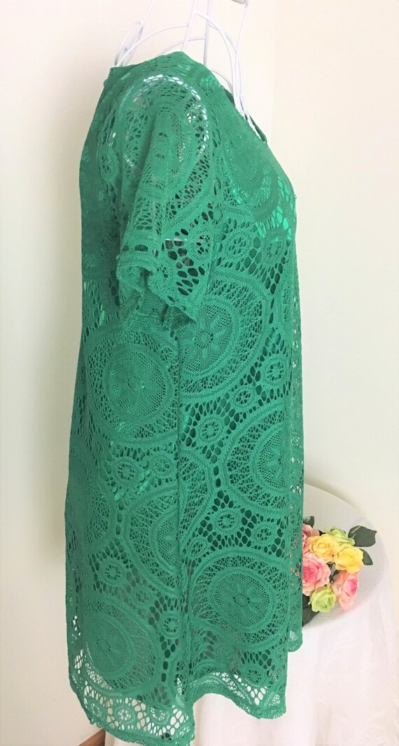 Vintage Green Lace Mini Dress/Tunic, Size L, 1970s - image 5