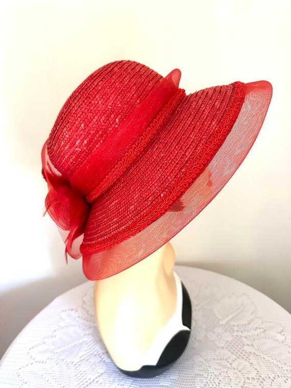 Ladies Red Wide Brim Embellished Straw Hat