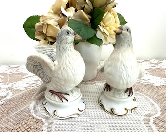 Vintage Enesco Japan Bisque Porcelain White Dove Figurines, 1990s