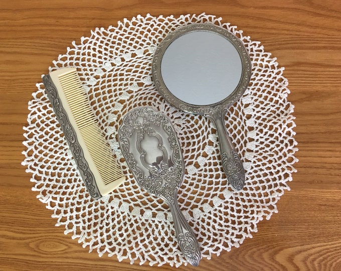 Vintage Silver Plate Dresser Set Comb Brush and Mirror Etsy