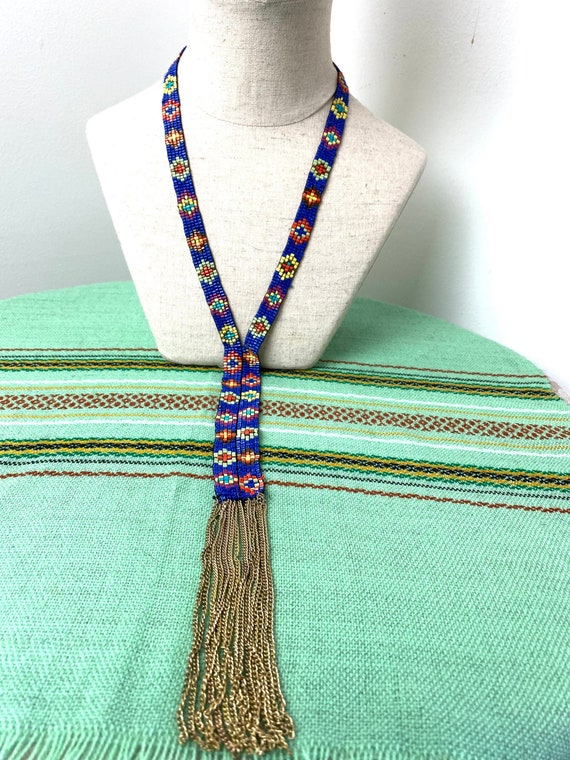 Vintage Native American Hand Beaded Lariat Neckla… - image 1