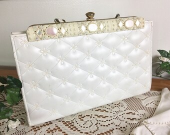 Vintage White Vinyl Purse with MOP Beadwork, Faye Mell Design, 1960s