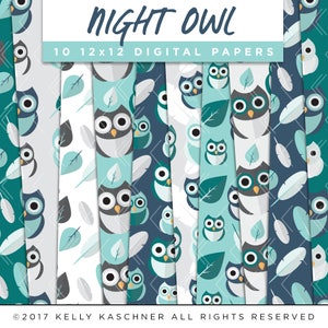 Night Owl Collection Digital Papers // Cool Owl Feather Leaves Stickers Paper Pack Seamless Pattern Graphic Illustration Clipart