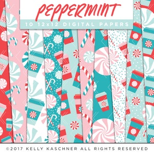 Peppermint Collection Digital Papers // Peppermint Mocha Candy Cane Winter Stickers Paper Pack Seamless Pattern Graphic Illustration Clipart