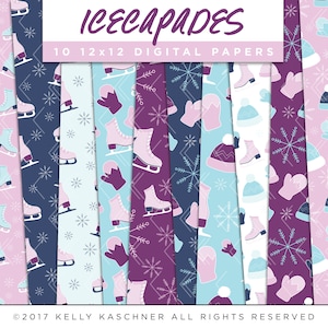 Icecapades Collection Digital Papers // Ice Skate Mitten Hat Winter Stickers Paper Pack Seamless Pattern Graphic Illustration Clipart