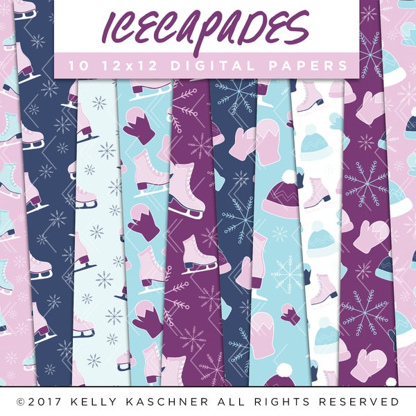 Icecapades Collection Digital Papers // Ice Skate Mitten Hat Winter Stickers Paper Pack Seamless Pattern Graphic Illustration Clipart