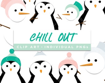 Chill Out Collection Clip Art // Cute Penguin Snowman Winter Planner Stickers Clipart Digital Graphic Illustration Scrapbooking
