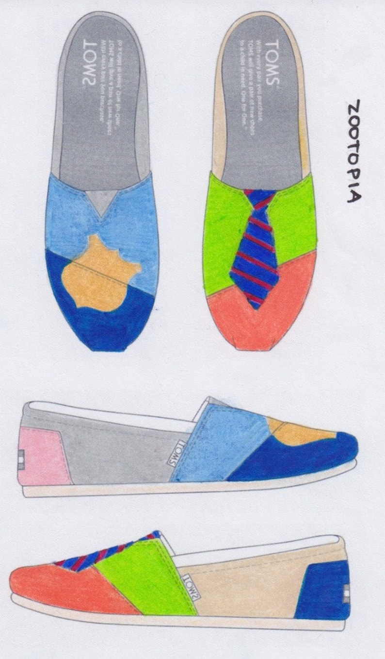 May include: Three pairs of custom designed TOMS shoes. The first pair is blue, orange, and gray. The second pair is blue, pink, and gray. The third pair is red, green, blue, and tan. The shoes have the TOMS logo on the side. The text "With every pair you purchase, TOMS will give a pair of new shoes to a child in need. One for One." is on the inside of the shoe. The text "ZOTOPIA" is written on the right side of the image.