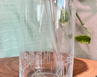 Etched Can Glass- bookshelf with plants- iced coffee glass