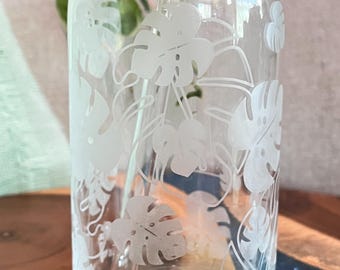 Etched Can Glass- plants, Monstera- iced coffee glass