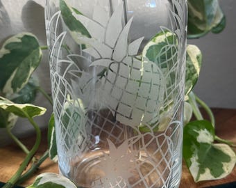 Etched Can Glass- PINEAPPLE, fruit- iced coffee glass