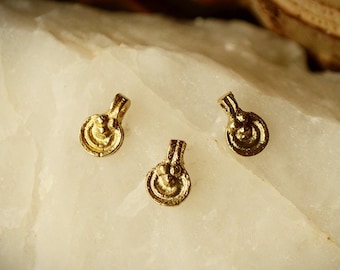 10 Tiny round spiral solid tribal brass charms.  10 mm. Lovely for macrame, wire, crafts, beading work. 10 pieces. 1.5 mm hole