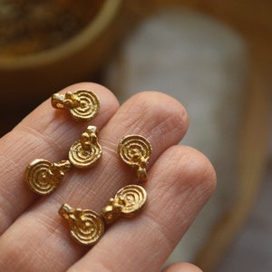 6 small round spiral solid tribal brass charms. Lovely for macrame, wire, crafts, beading work image 2