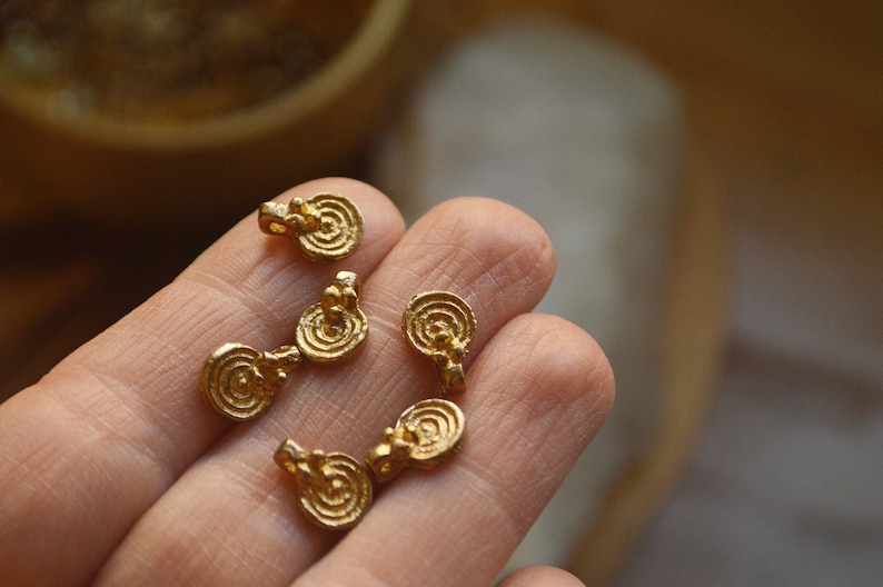 6 small round spiral solid tribal brass charms. Lovely for macrame, wire, crafts, beading work image 2