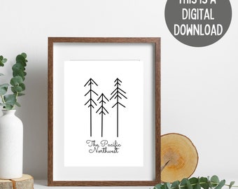 Pacific Northwest Print, Printable Wall Art, PNW Digital Print, Wall decor for Living Room, Tree Nature Art, Washington State Art Print