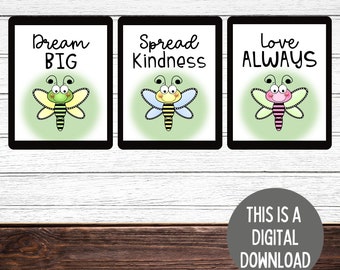 Dragonfly Print, Printable Wall Art, Inspirational Set of 3, Kids room decor, Insect Digital Print, Wall decor for Classroom, Kids Bedroom