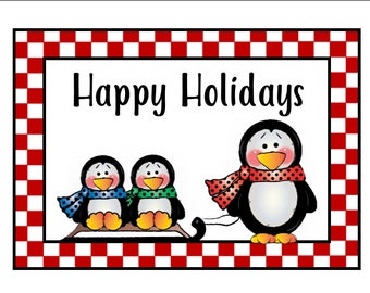 Tarjeta imprimible - Penguin Sled Happy Holidays Card - Tarjeta de Navidad - Descarga instantánea