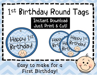 1st Birthday Tags - First Birthday Boy Tags - Printable - Instant Download - First Birthday Party Supplies