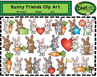 Bunny Friends Clip Art - Rabbit Digital Clipart - Bunny Instant Download - Easter Art - Spring Clip Art - Rabbit Scrapbook Art