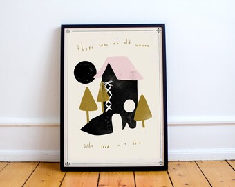 There was an Old Woman Who Lived in a Shoe Print! Nursery Rhyme inspired poster, folk, nursery childrens room, kitchen,