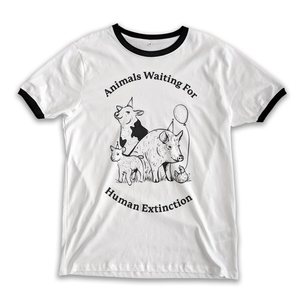 Animals Waiting For Human Extinction T-Shirt, Funny shirt, vegan, veganism, vegetarian,Ringer Tee, climate change, end of the world.