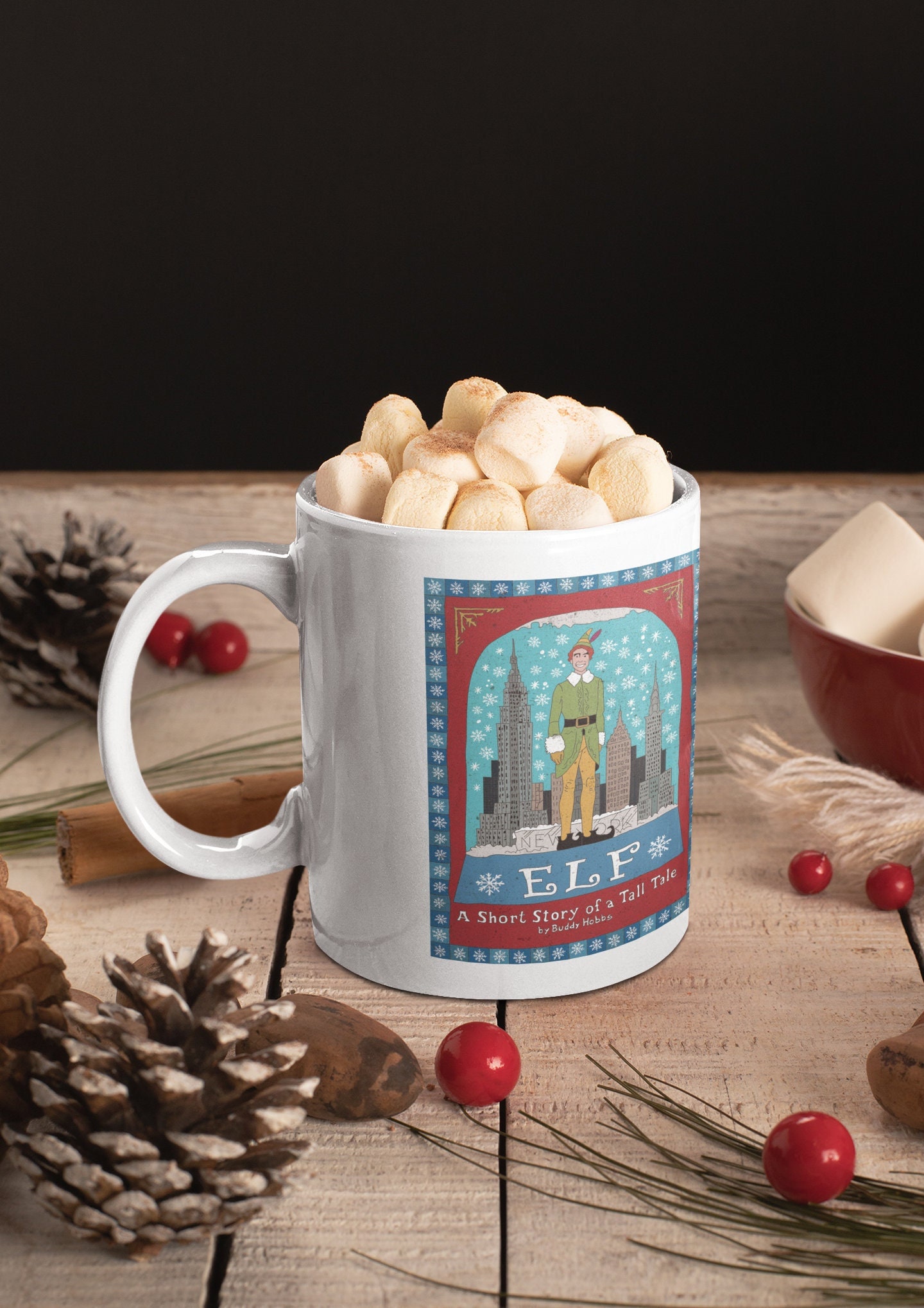 エルフのクリスマスマグカップ！バディ・ホブスによるほら話の短編 ウィル・フェレル、ズーイー・デシャネル、バディ・エルフ、ピーター・ディンクレイジ、ニューヨーク・シティ・マグカップ  - Etsy 日本, image size:1440x2038